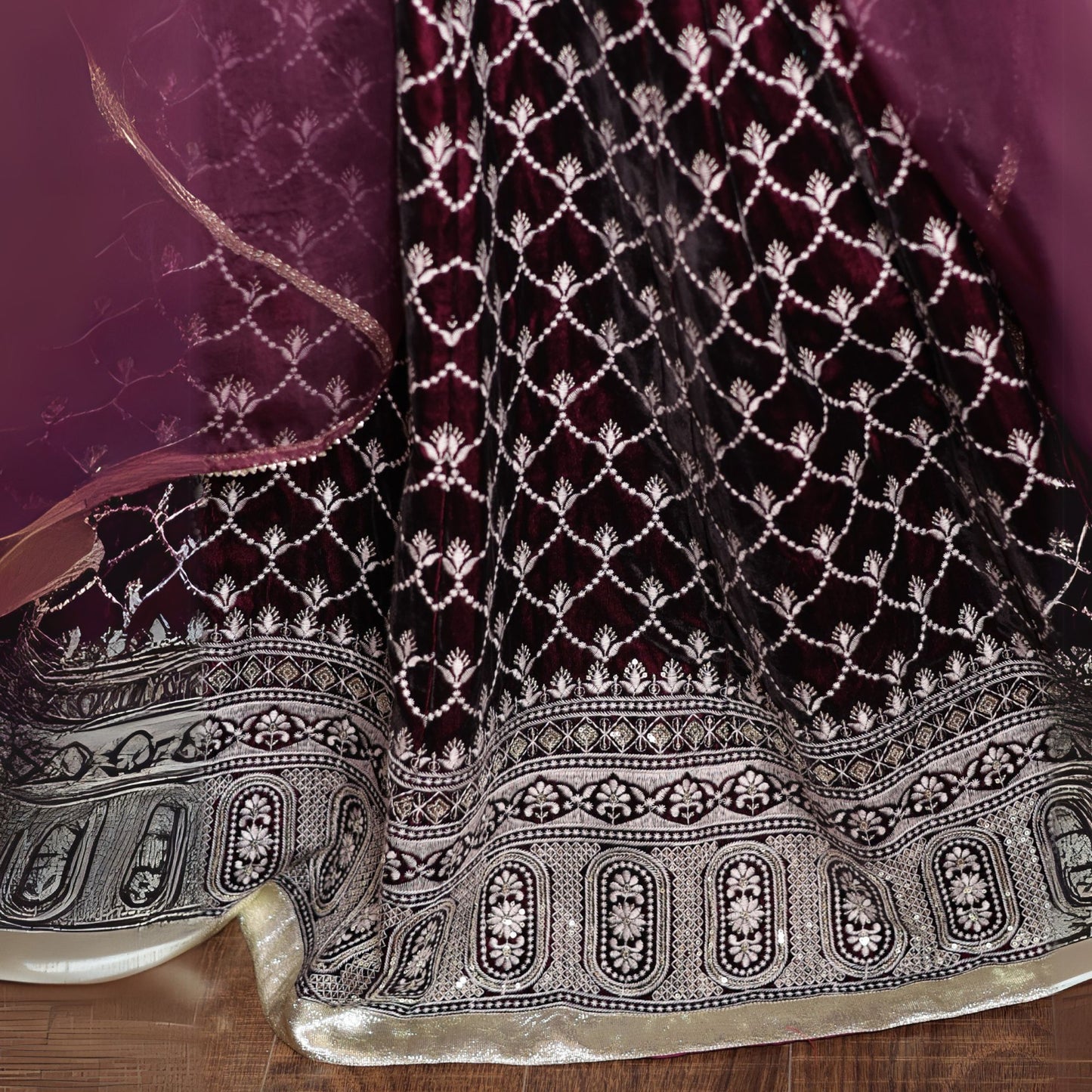 Wine embroidered lehenga set with organza dupatta