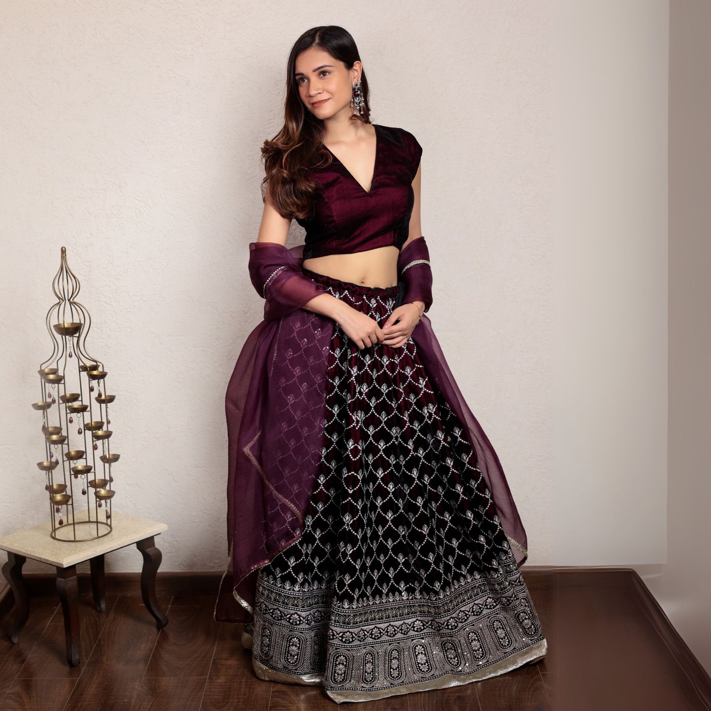 Wine embroidered lehenga set with organza dupatta