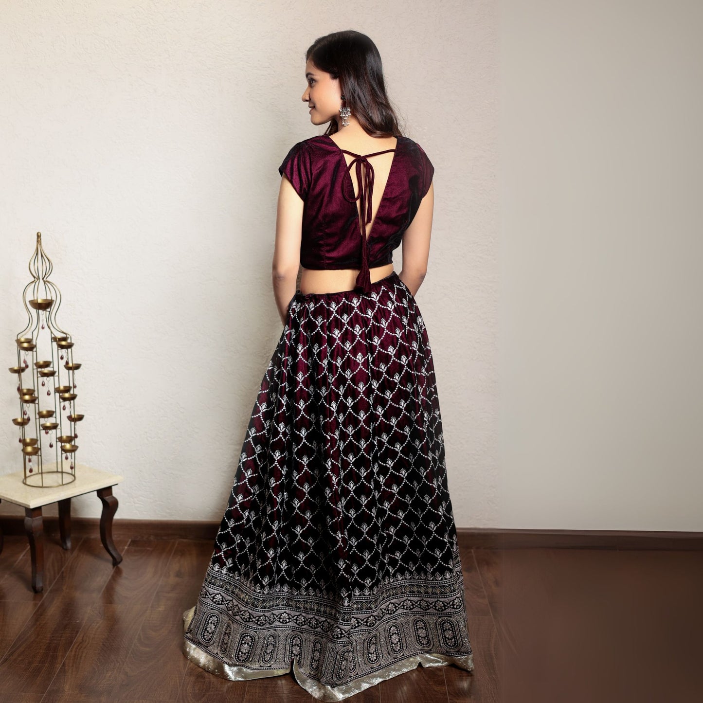 Wine embroidered lehenga set with organza dupatta