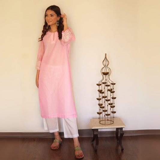 Pink Chanderi Embroidered A-line Kurta