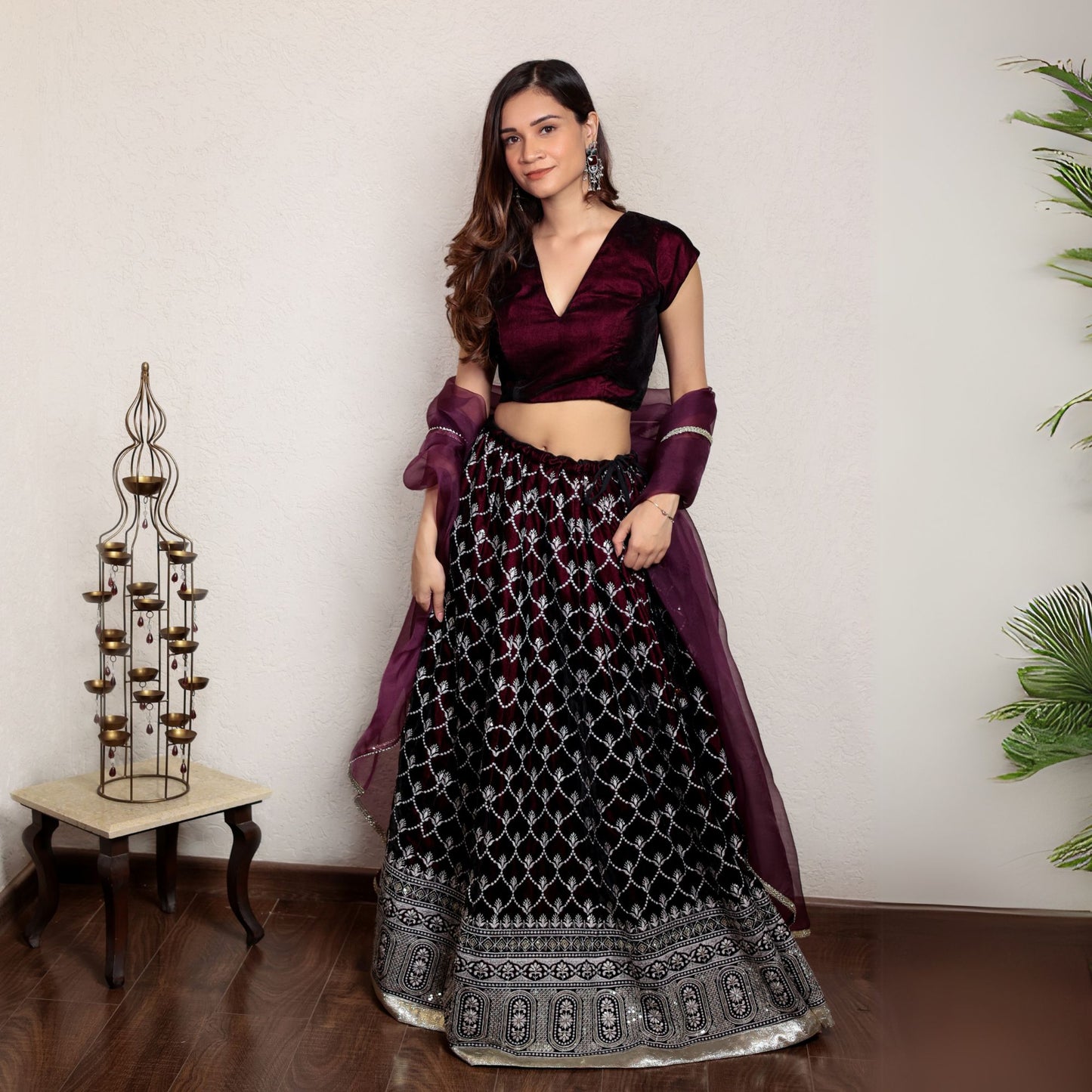 Wine embroidered lehenga set with organza dupatta