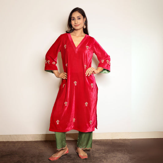 Fuschia Pink hand embroidered velvet kurta with mashru silk pants