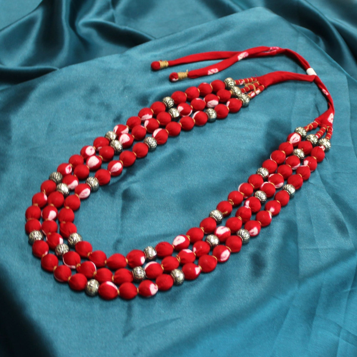 3 layer fabric beaded necklace in bandhani