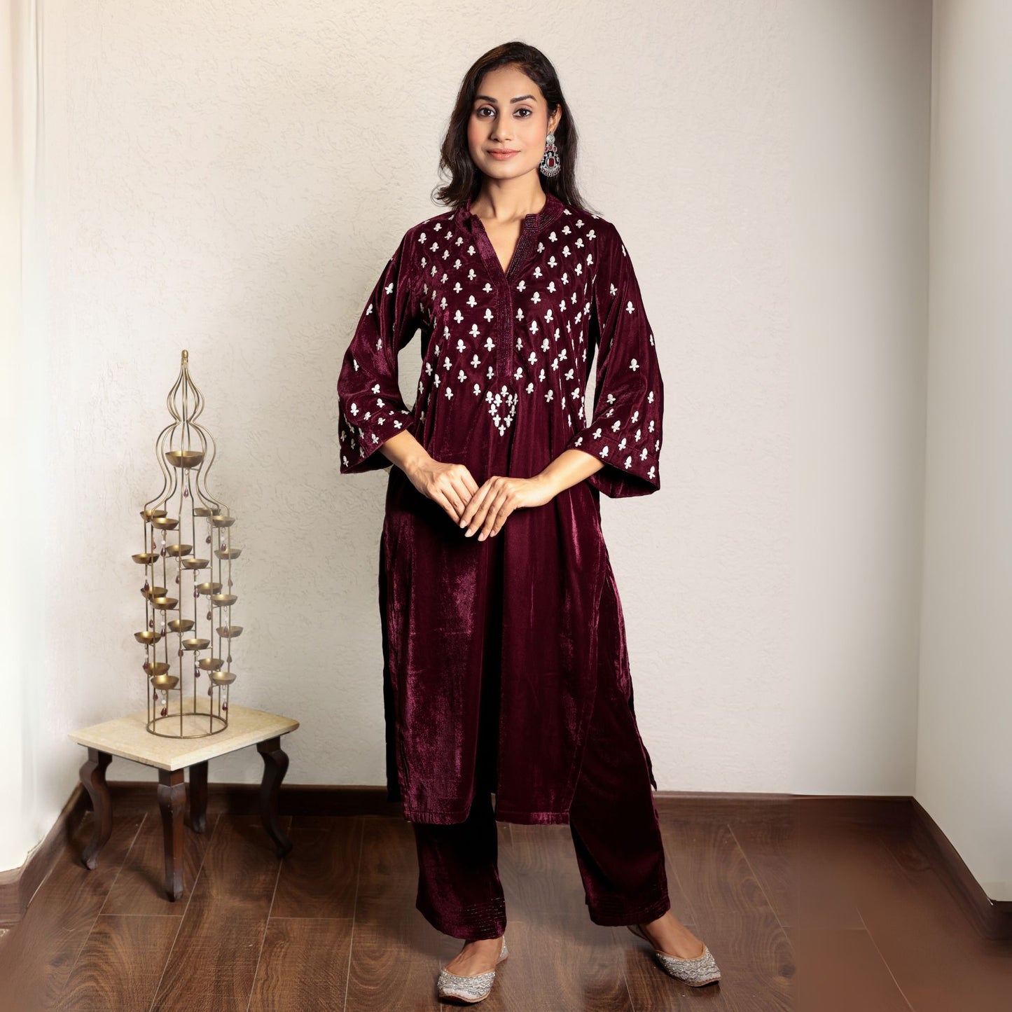 Wine embroidered velvet kurta with velvet pants