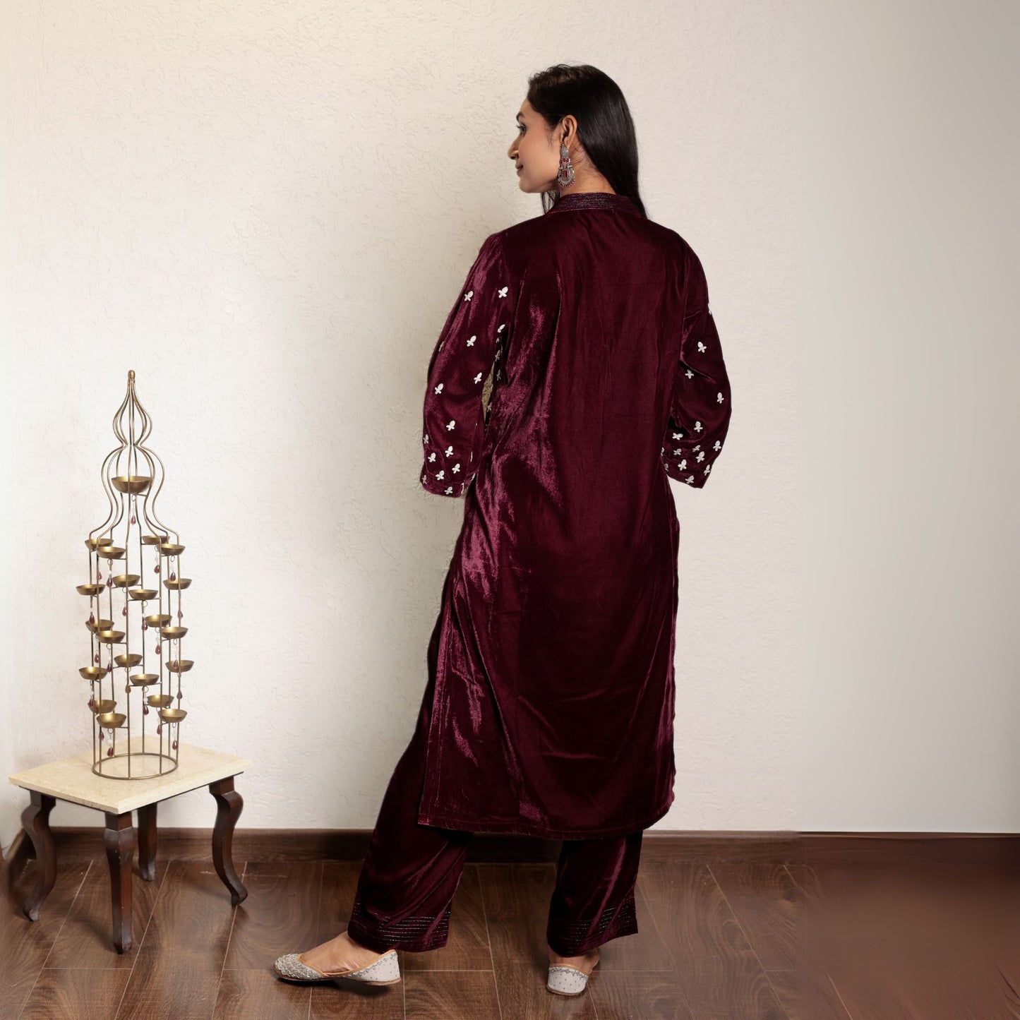 Wine embroidered velvet kurta with velvet pants