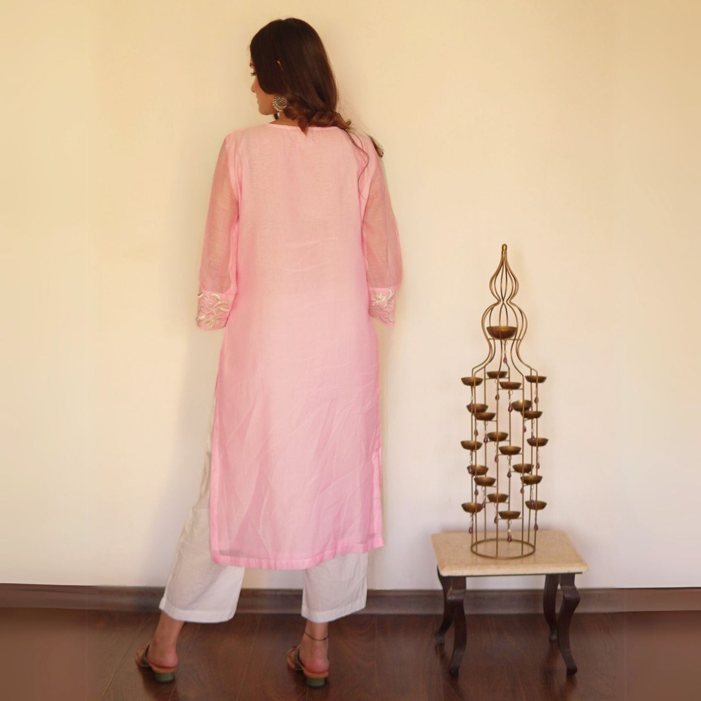 Pink Chanderi Embroidered A-line Kurta