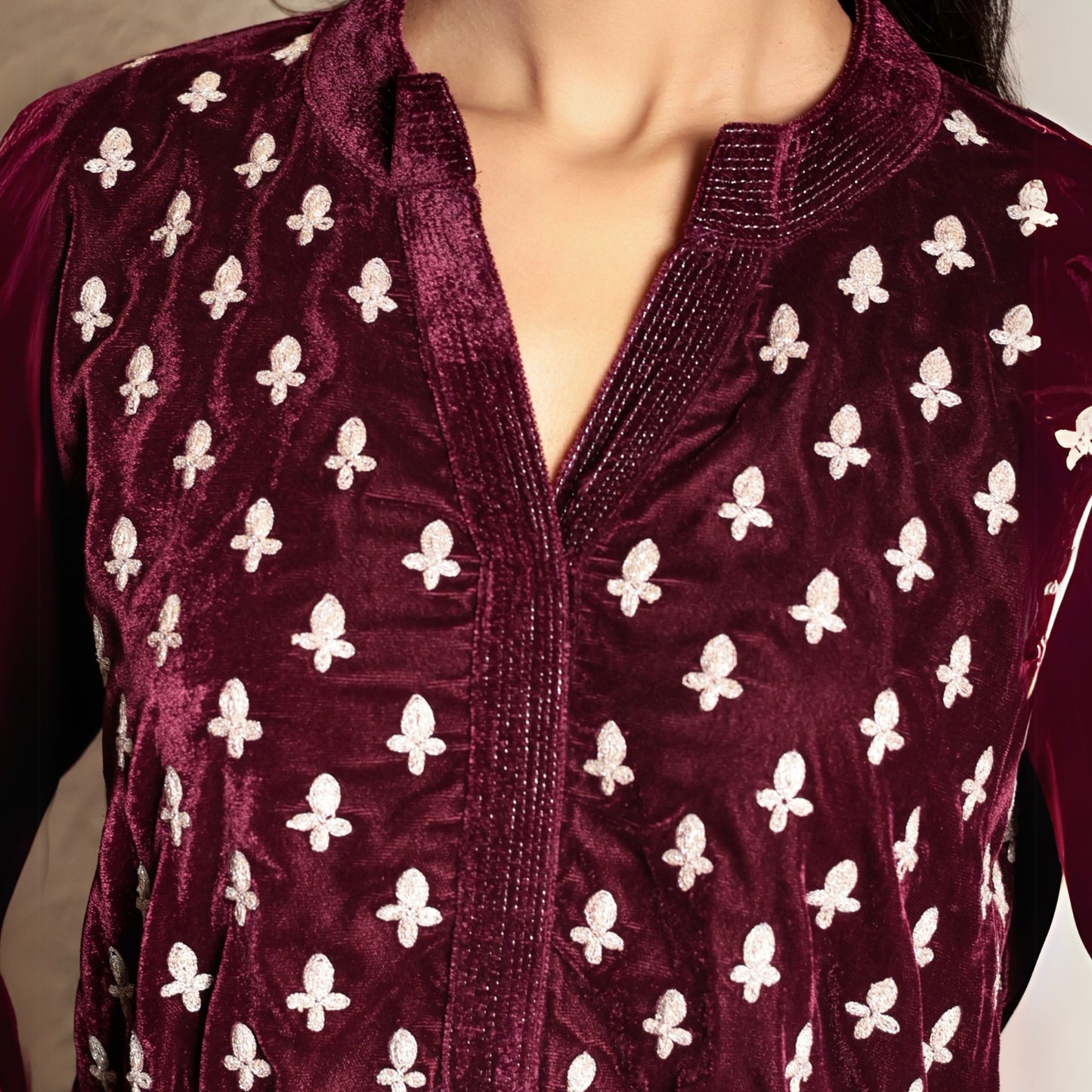 Wine embroidered velvet kurta with velvet pants