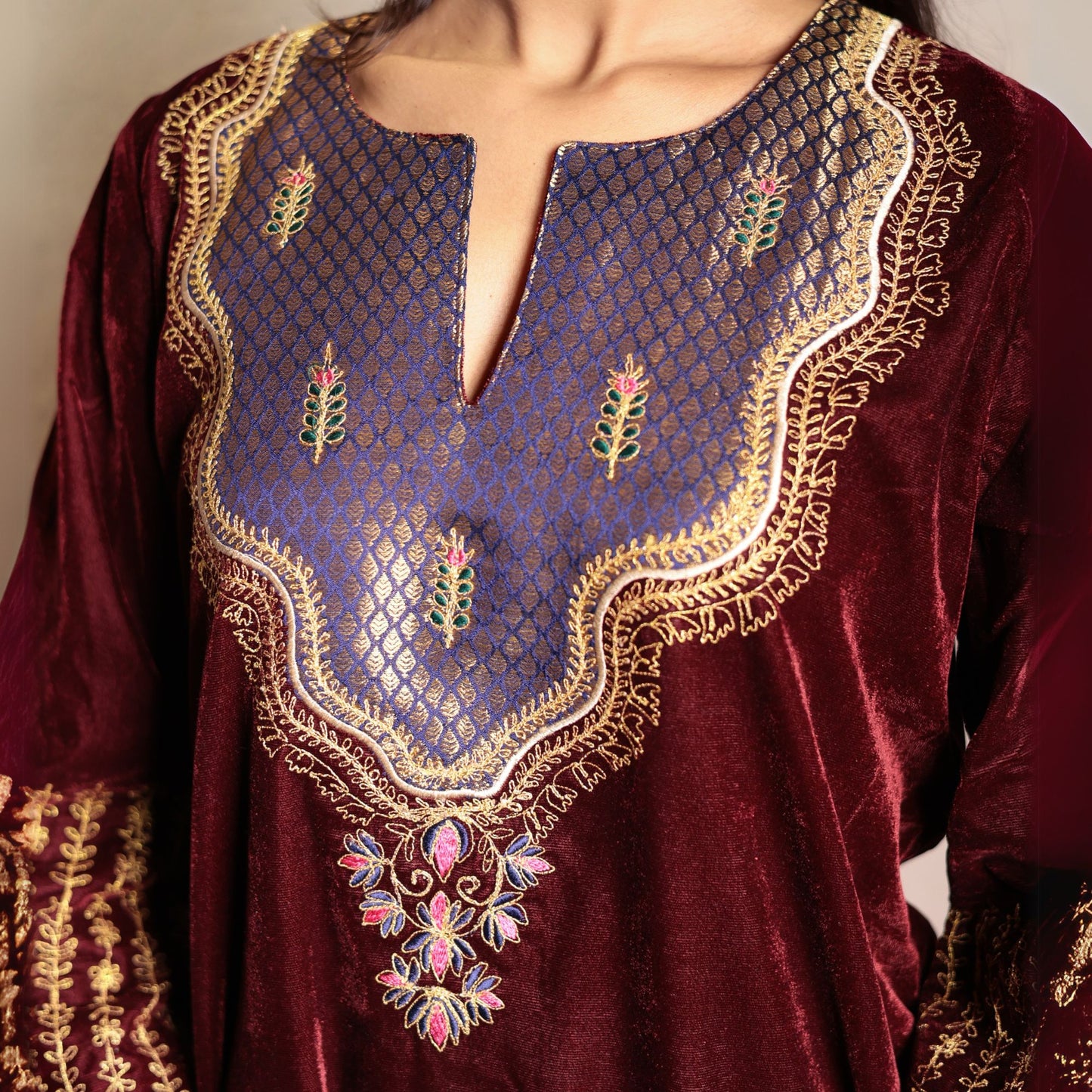 Wine embroidered velvet kurta with yoke detail and velvet pants