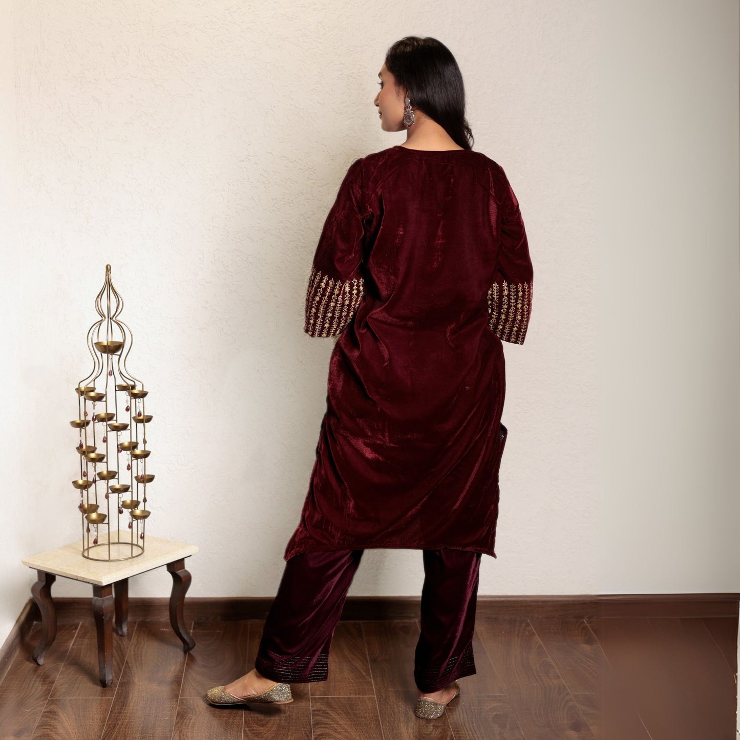 Wine embroidered velvet kurta with yoke detail and velvet pants