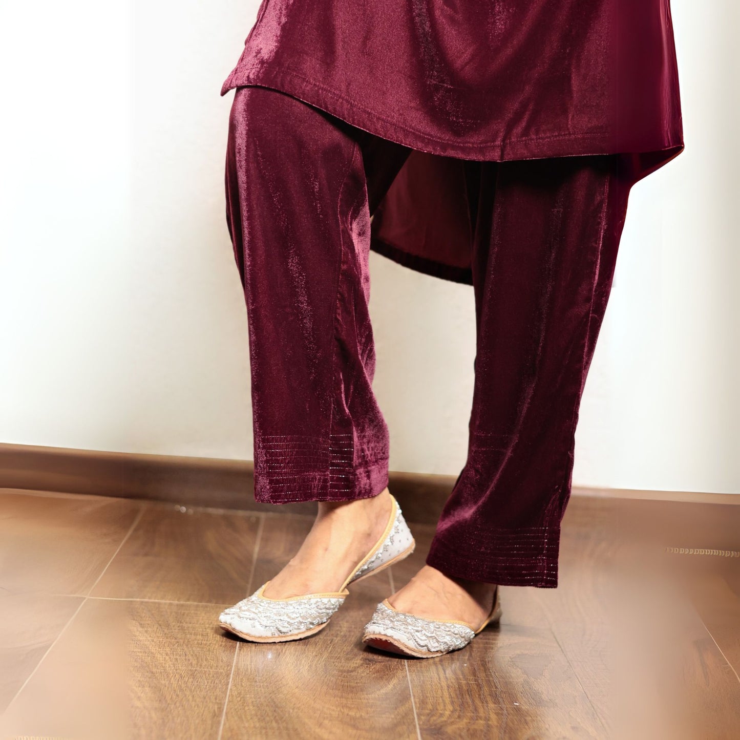 Wine embroidered velvet kurta with yoke detail and velvet pants