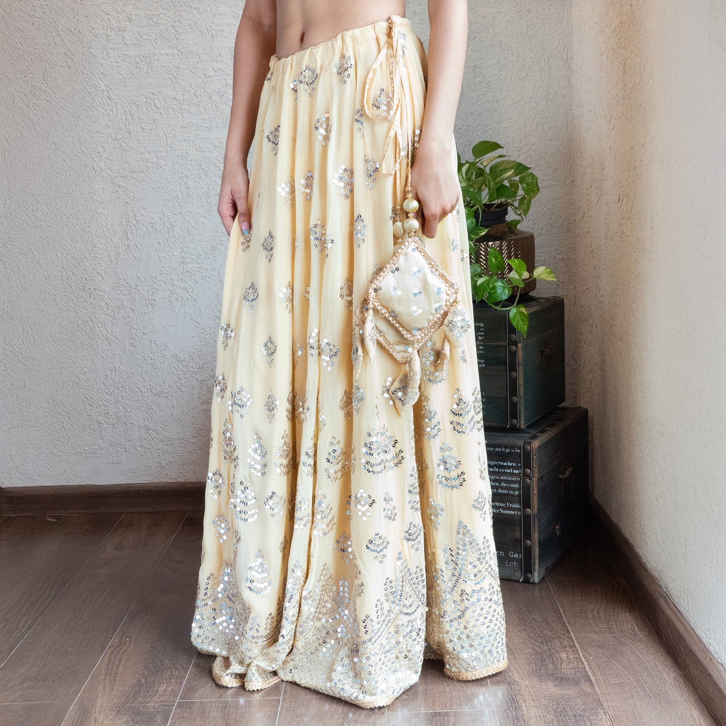 Beige Embroidered Lehenga Set with Organza dupatta