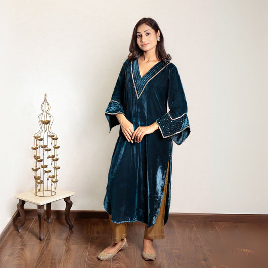 Teal hand embroidered kurta with mashru silk pants