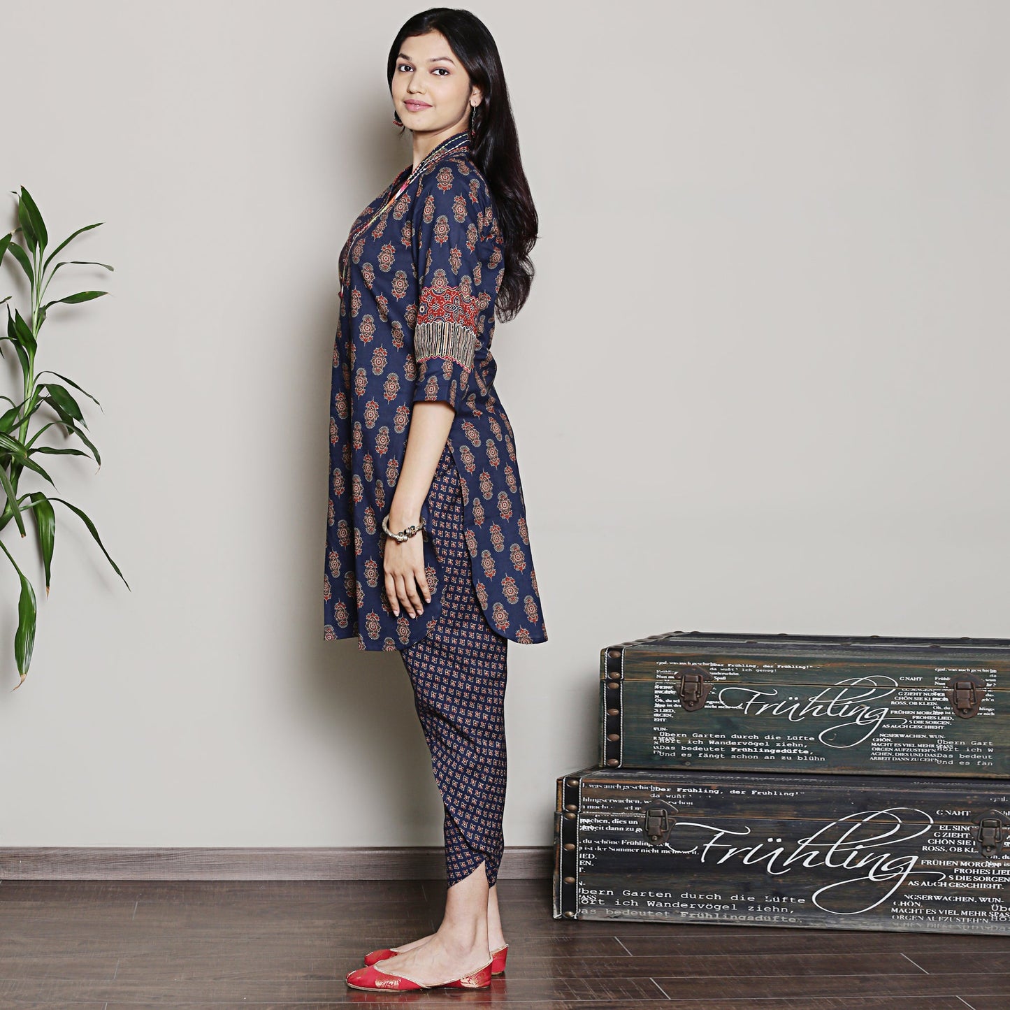 Block printed navy blue embroidered kurta set with dhoti pants