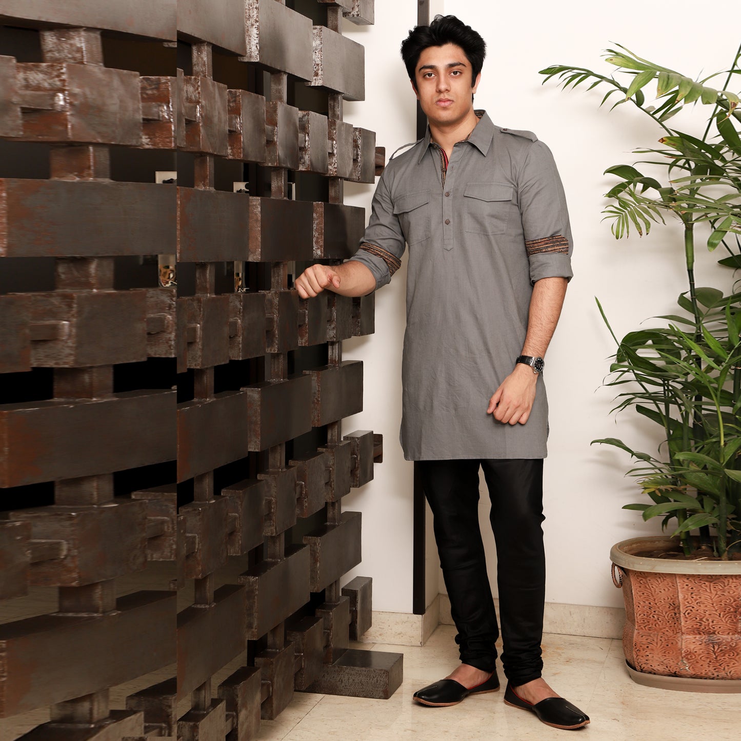 grey men's shirt collar cotton blend kurta