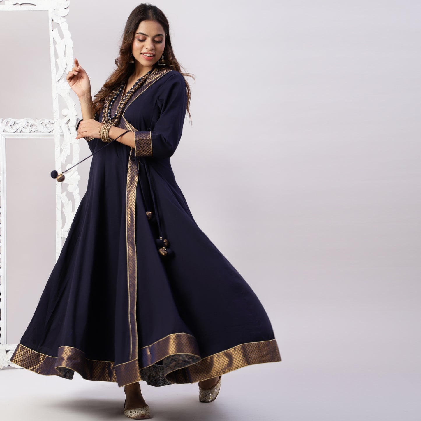 Cotton mulmul floor length full ghera anarkali with brocade and zari detailing