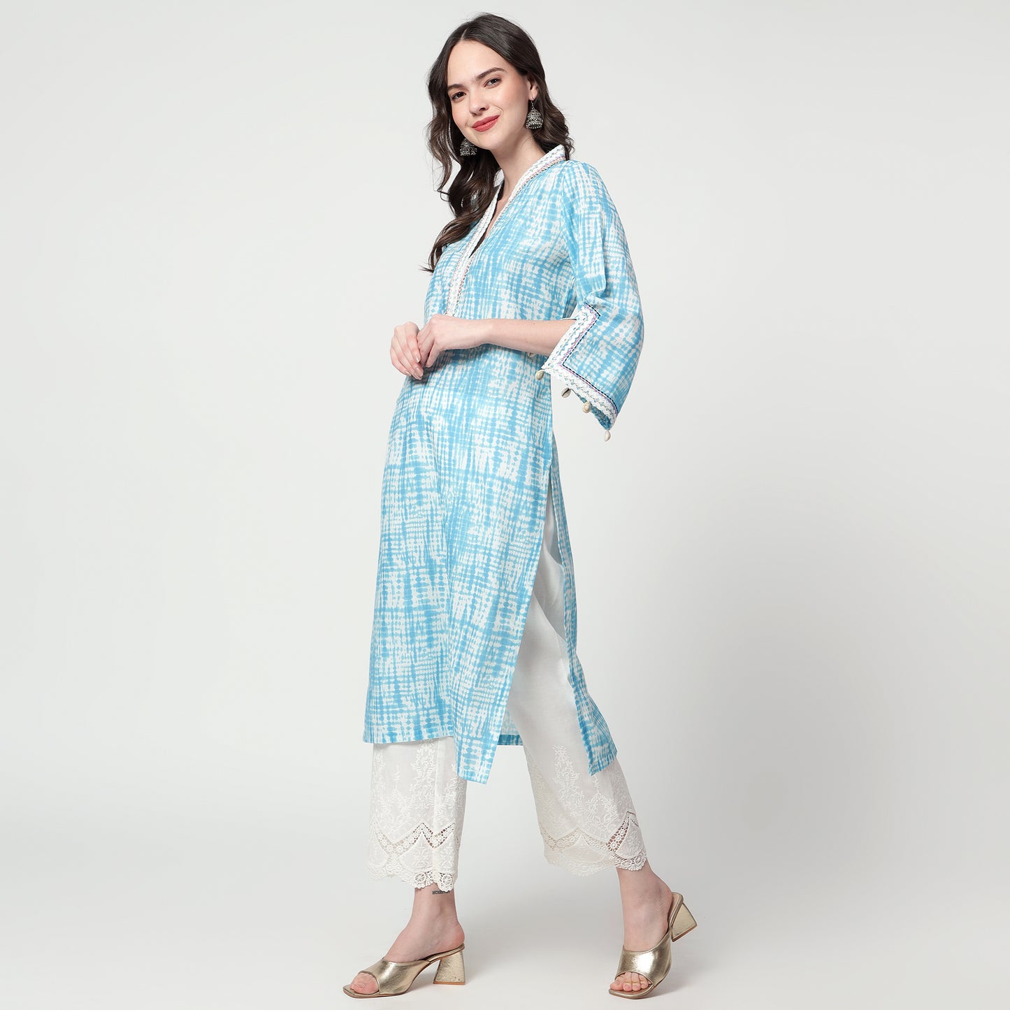 Blue Printed lace detailing kurta