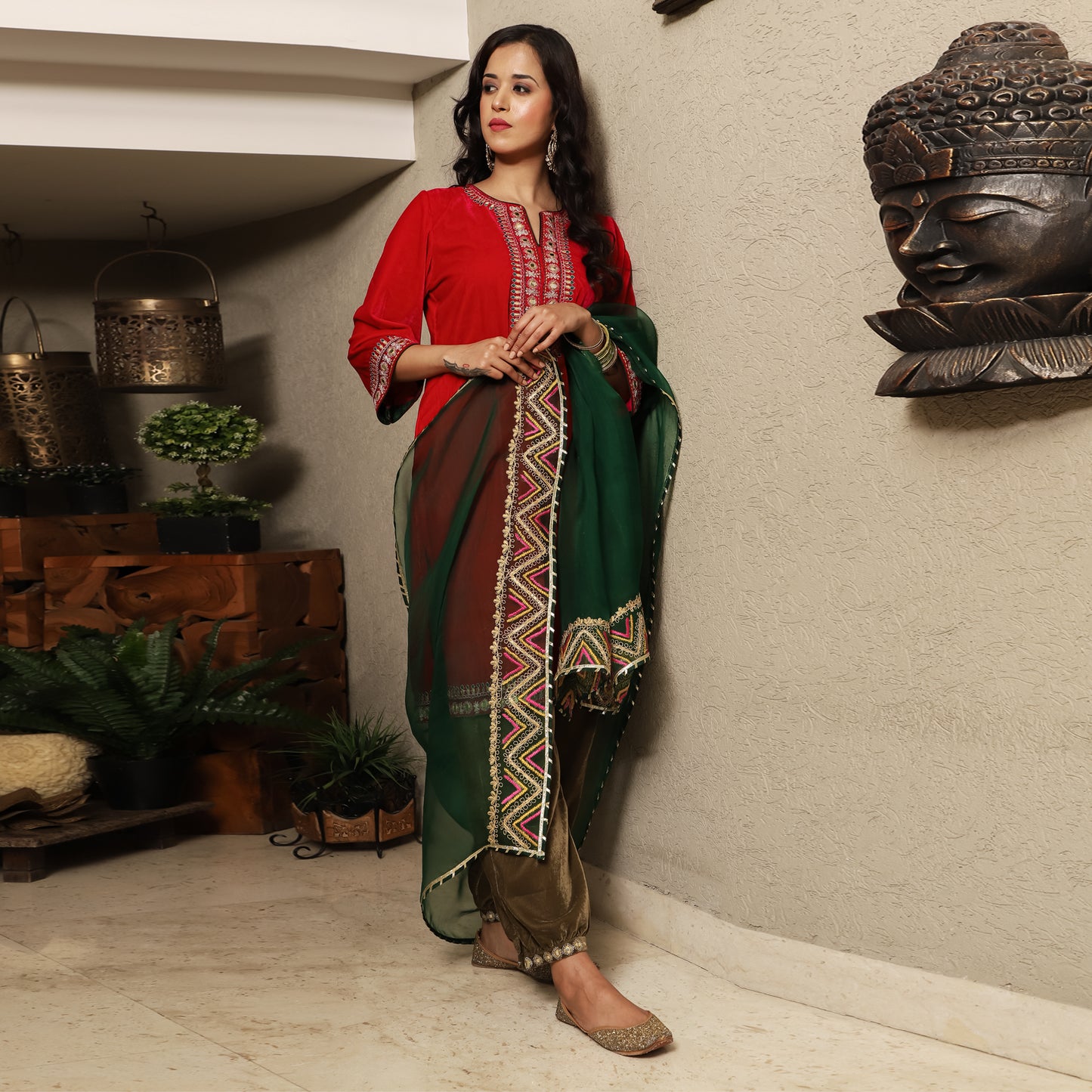 Fuschia Pink Embroidered Velvet Kurta Set with Velvet Harem Pants & Dupatta