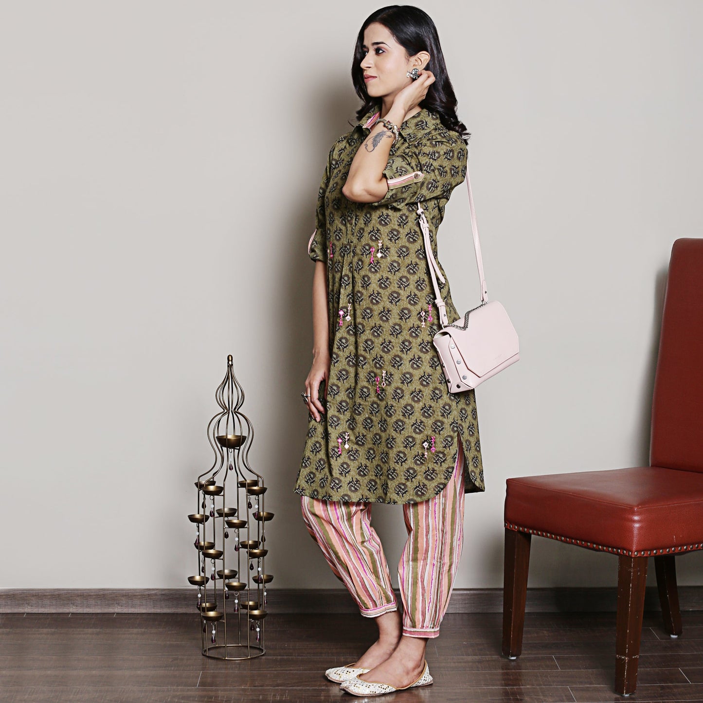 Block printed olive green co-ord set with embroidery and collar detailing