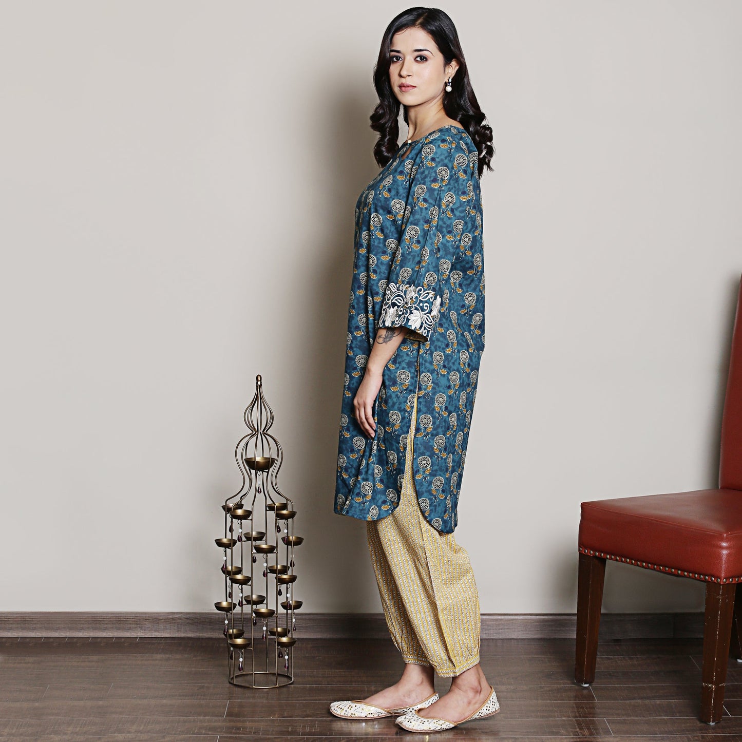 Teal embroidered Block Printed Co-ord Set