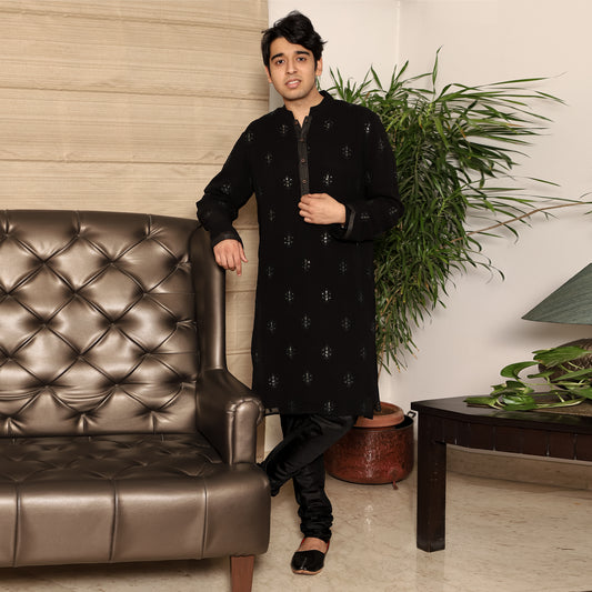 black men's band collar georgette kurta
