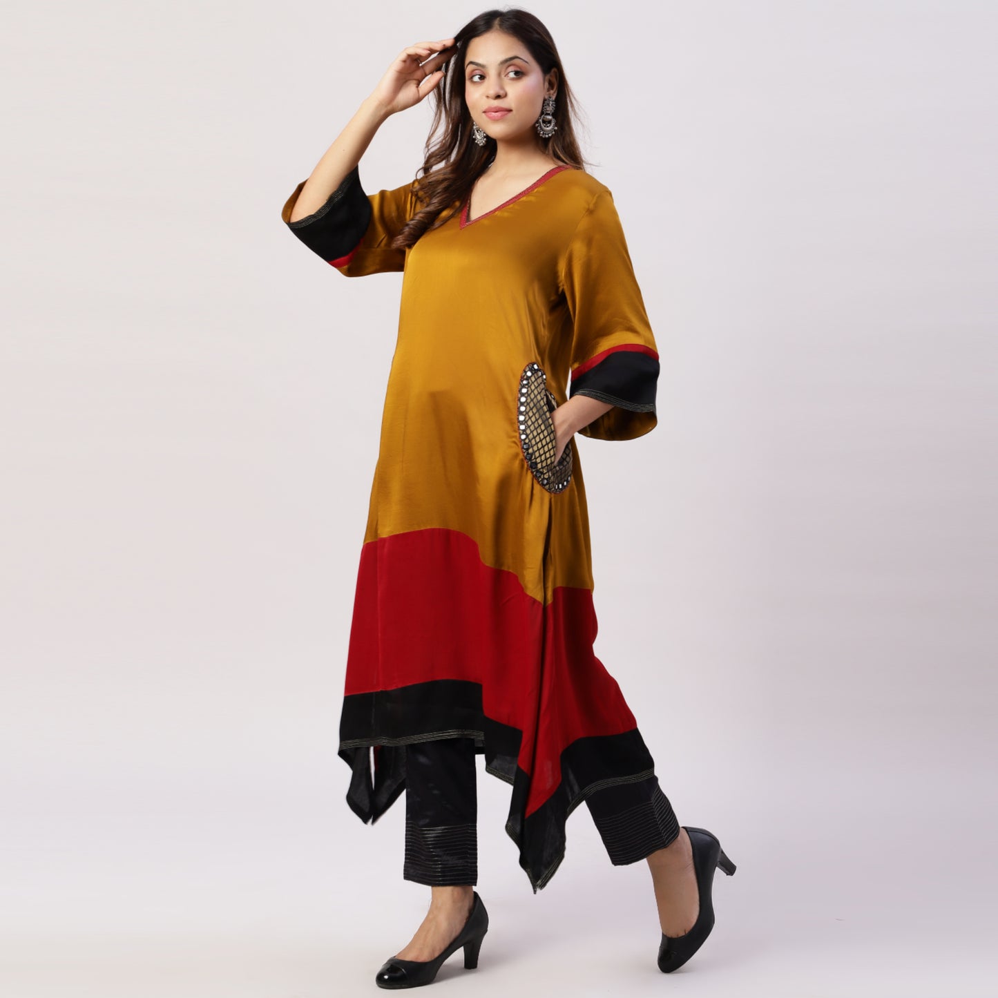 Modal silk color block kurta with brocade pockets