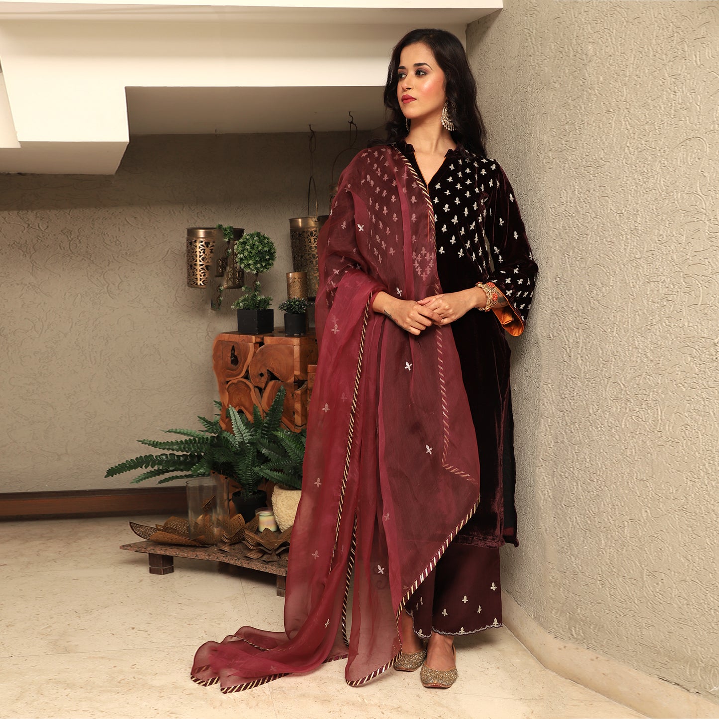 Wine Embroidered Silk Velvet Kurta Set with Mashru Silk Pants & Organza Dupatta