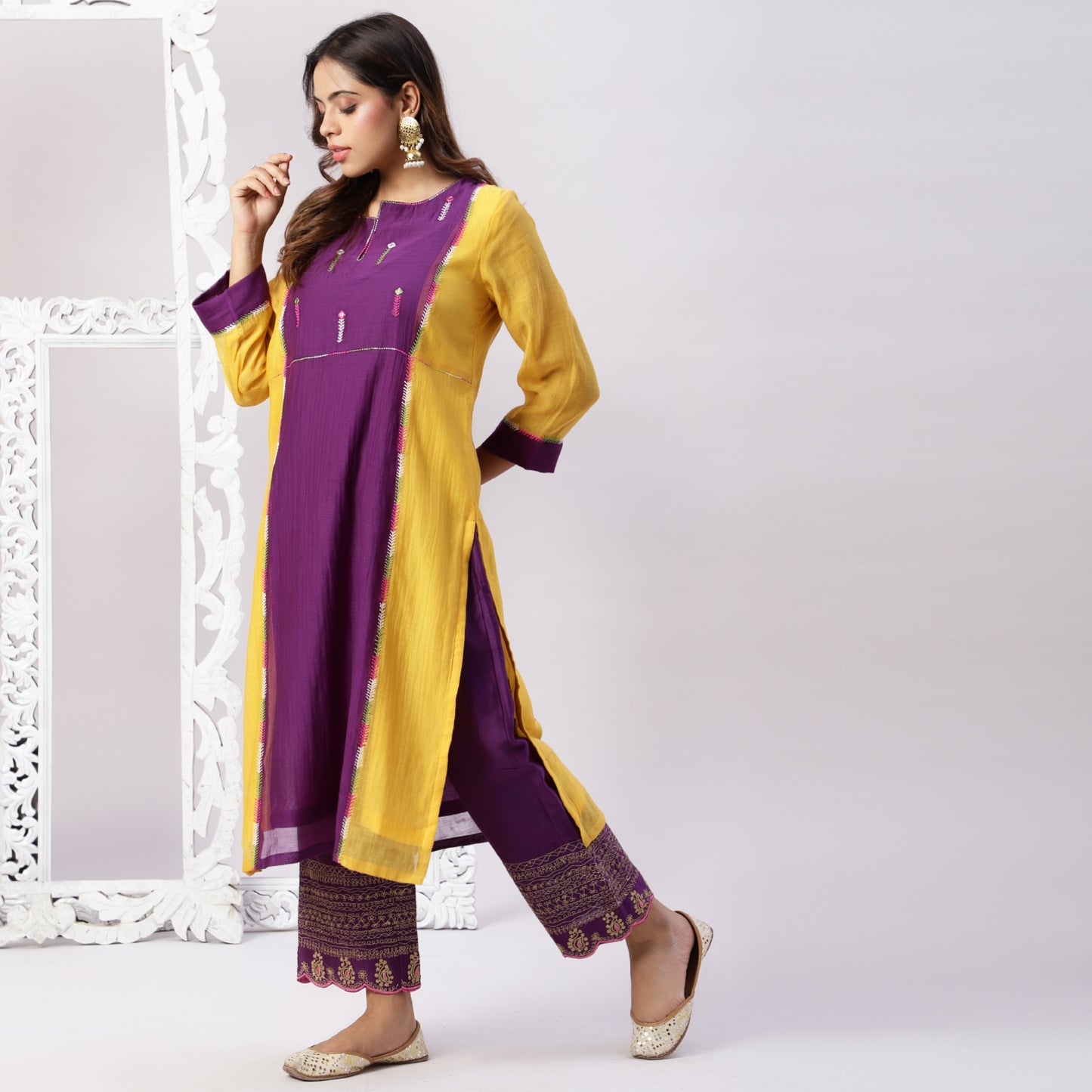 Chanderi color block kurta with embroidery