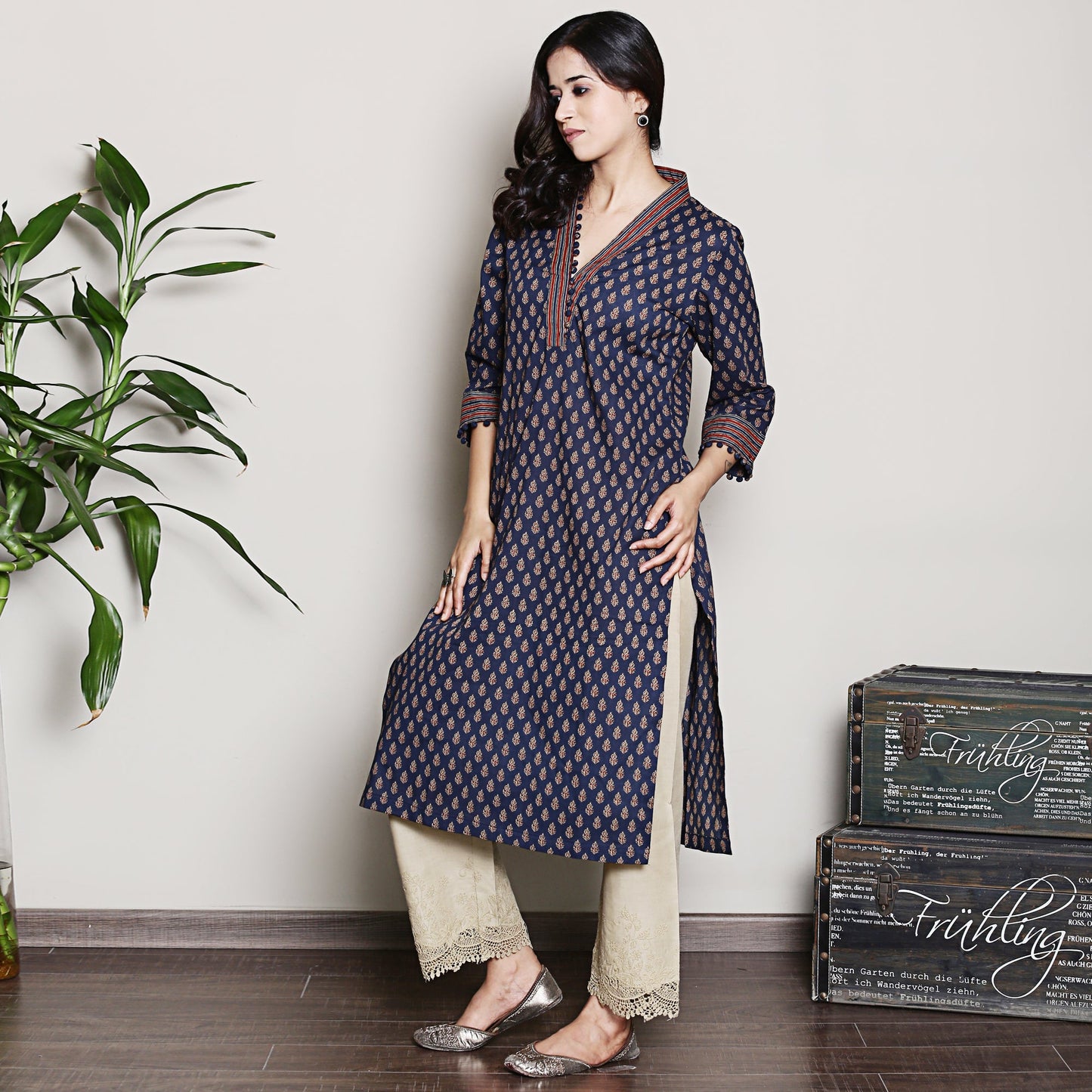 Navy blue printed kurta