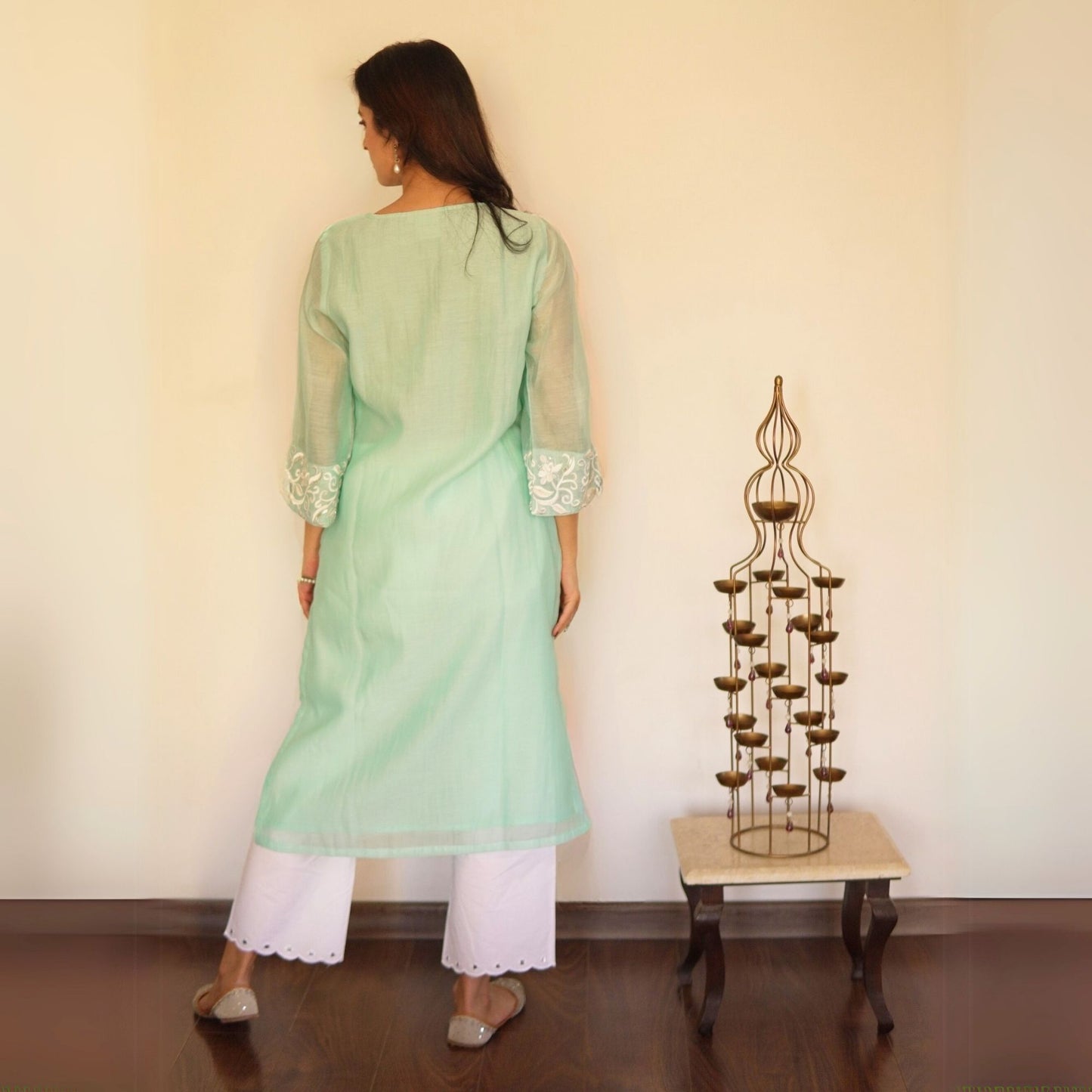 Aqua Chanderi Embroidered A-line Kurta