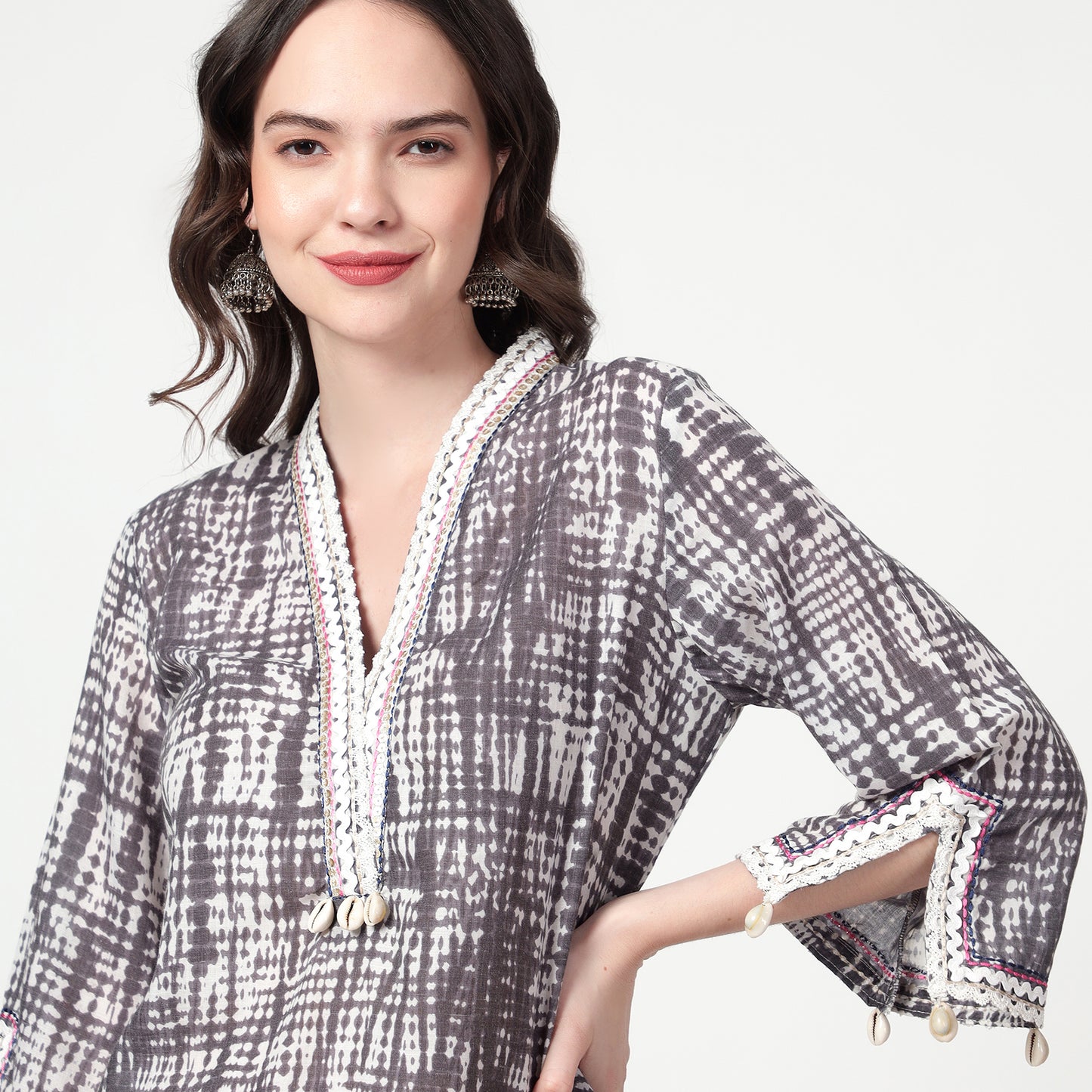 Grey Printed lace detailing kurta