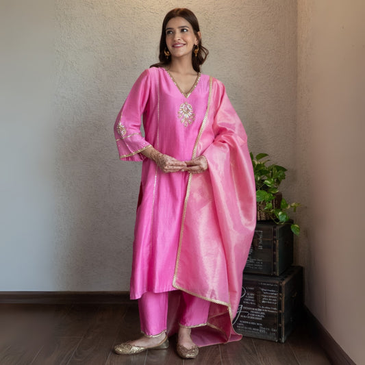 Pink embroidered kurta set with pants and dupatta