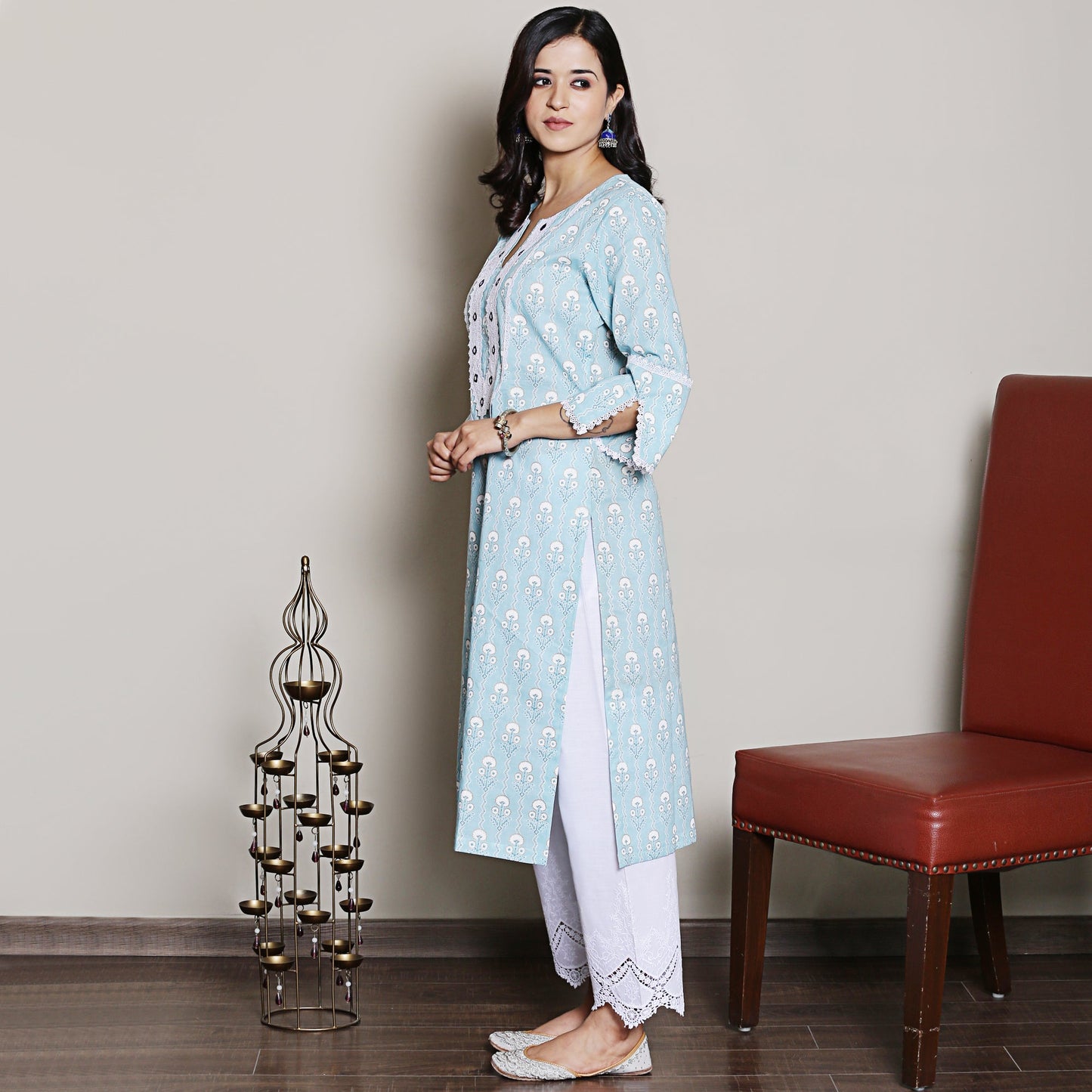 Blue printed kurta with embroidery