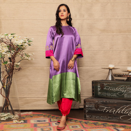 Colour block mashru silk asymmetric kurta