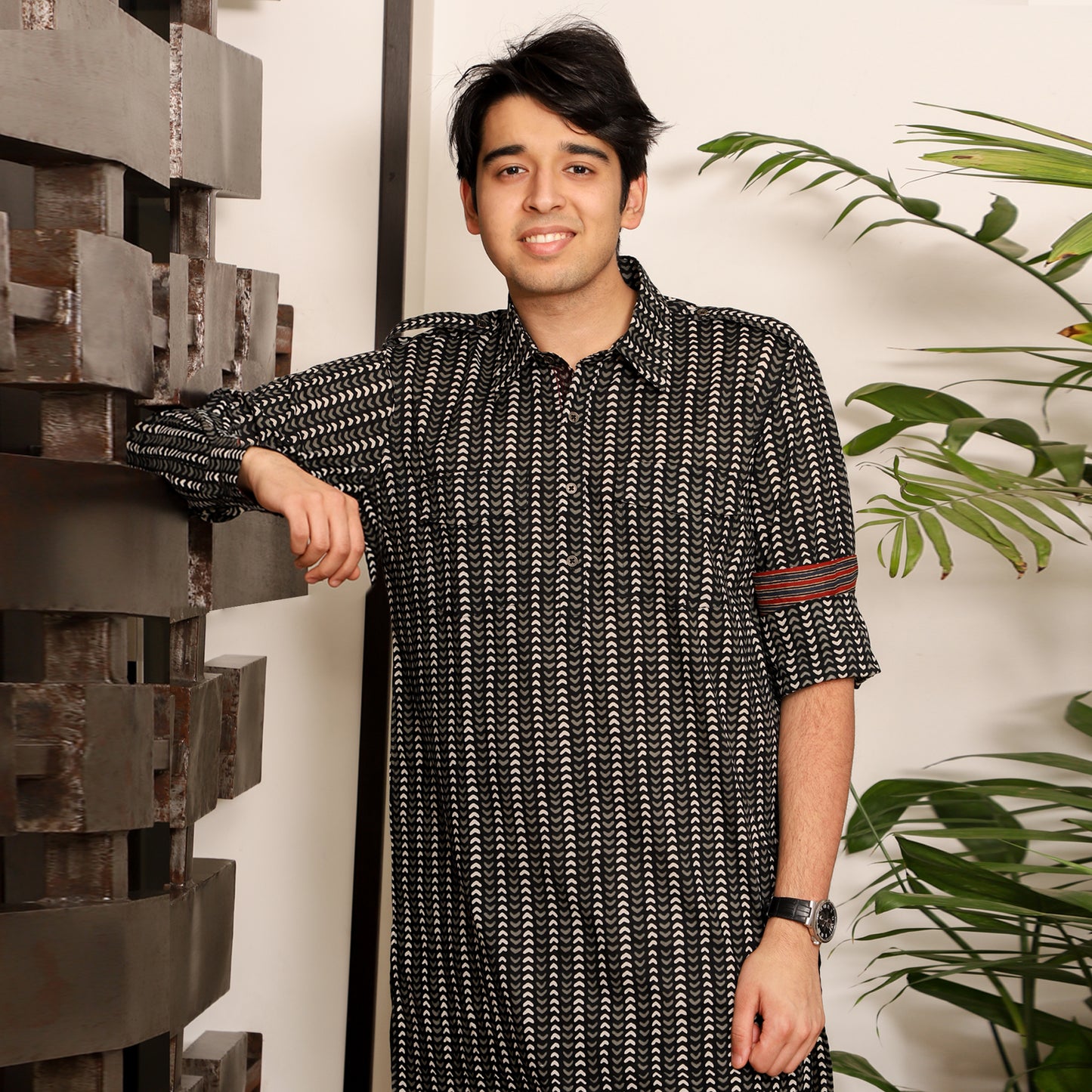 black men's printed shirt collar cotton kurta