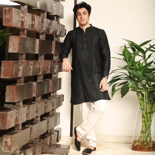 black men's band collar cotton silk kurta
