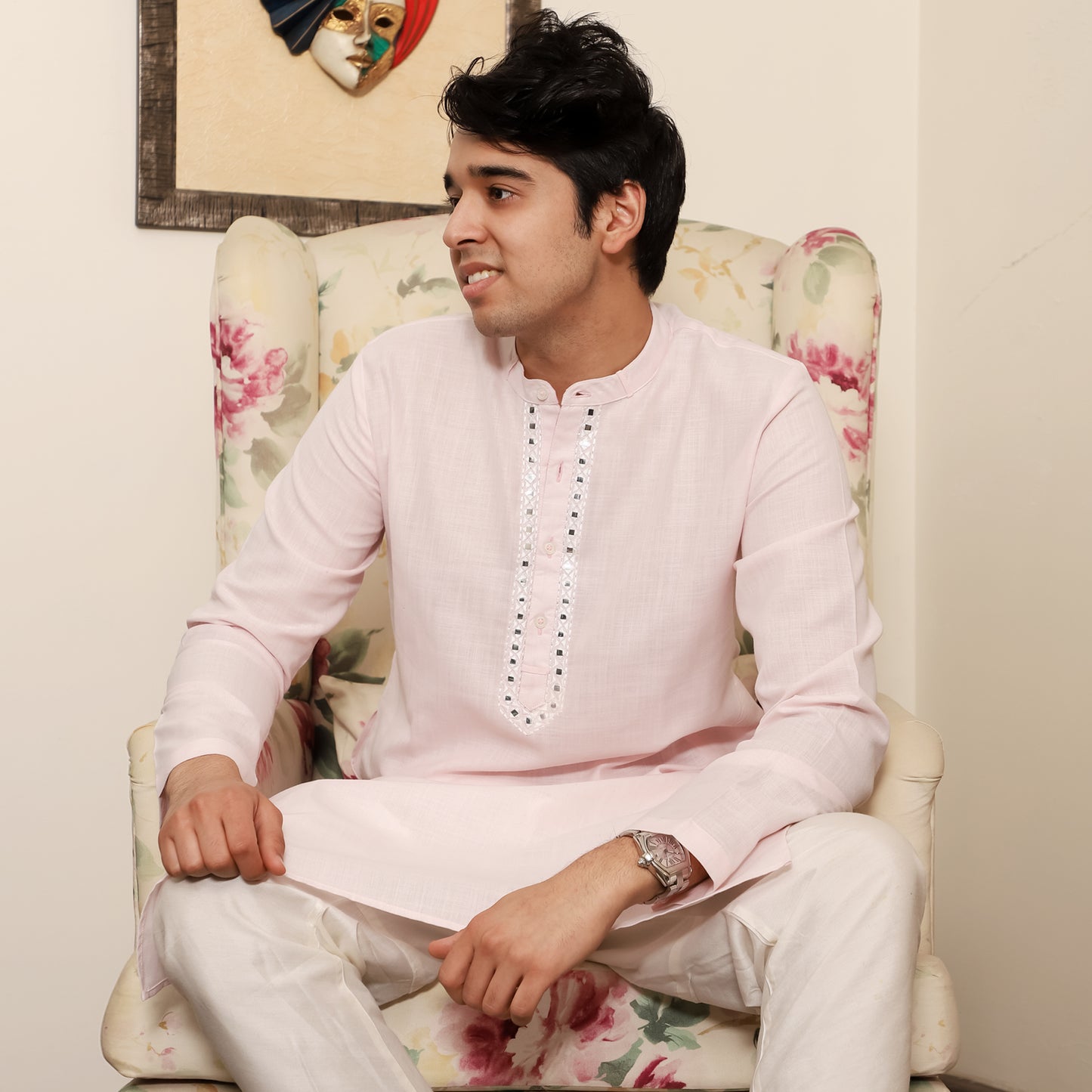 pink men's band collar cotton blend kurta