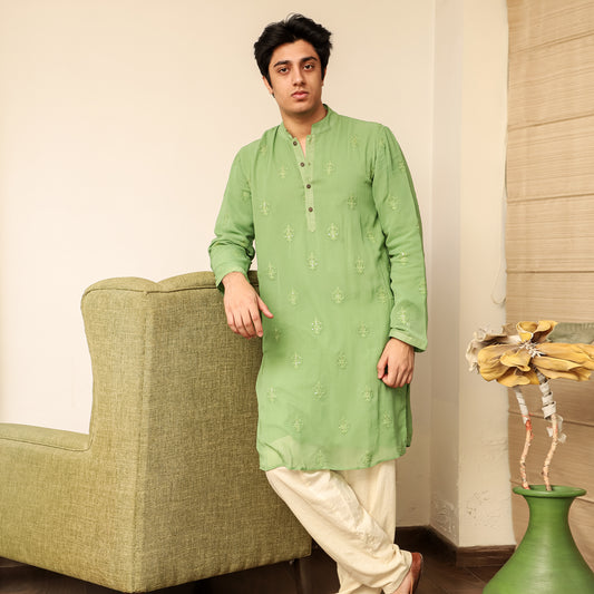 green men's band collar georgette kurta