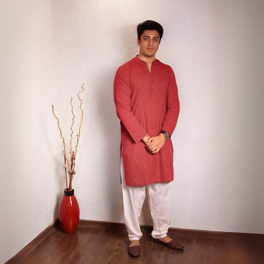 Red kantha textured band collar kurta