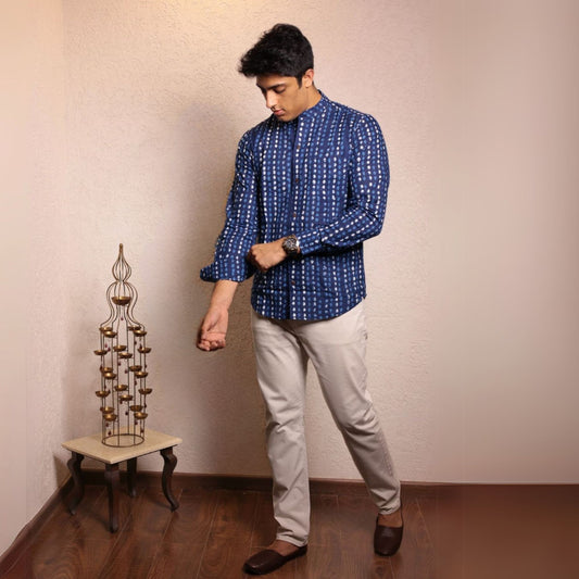 Navy Blue cotton printed full sleeves shirt