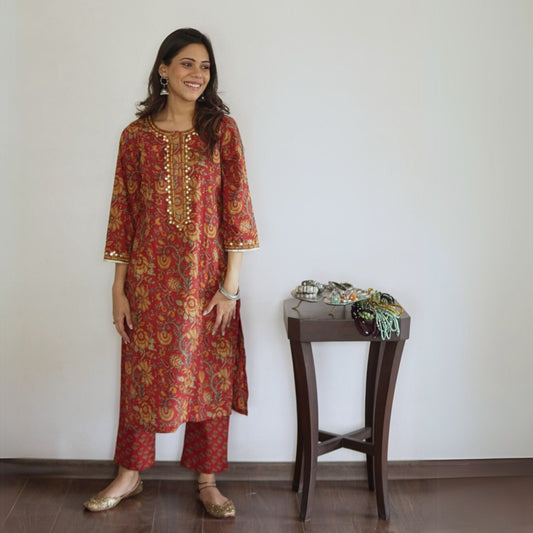 Red Floral Cotton Kurta Set with Mirrorwork