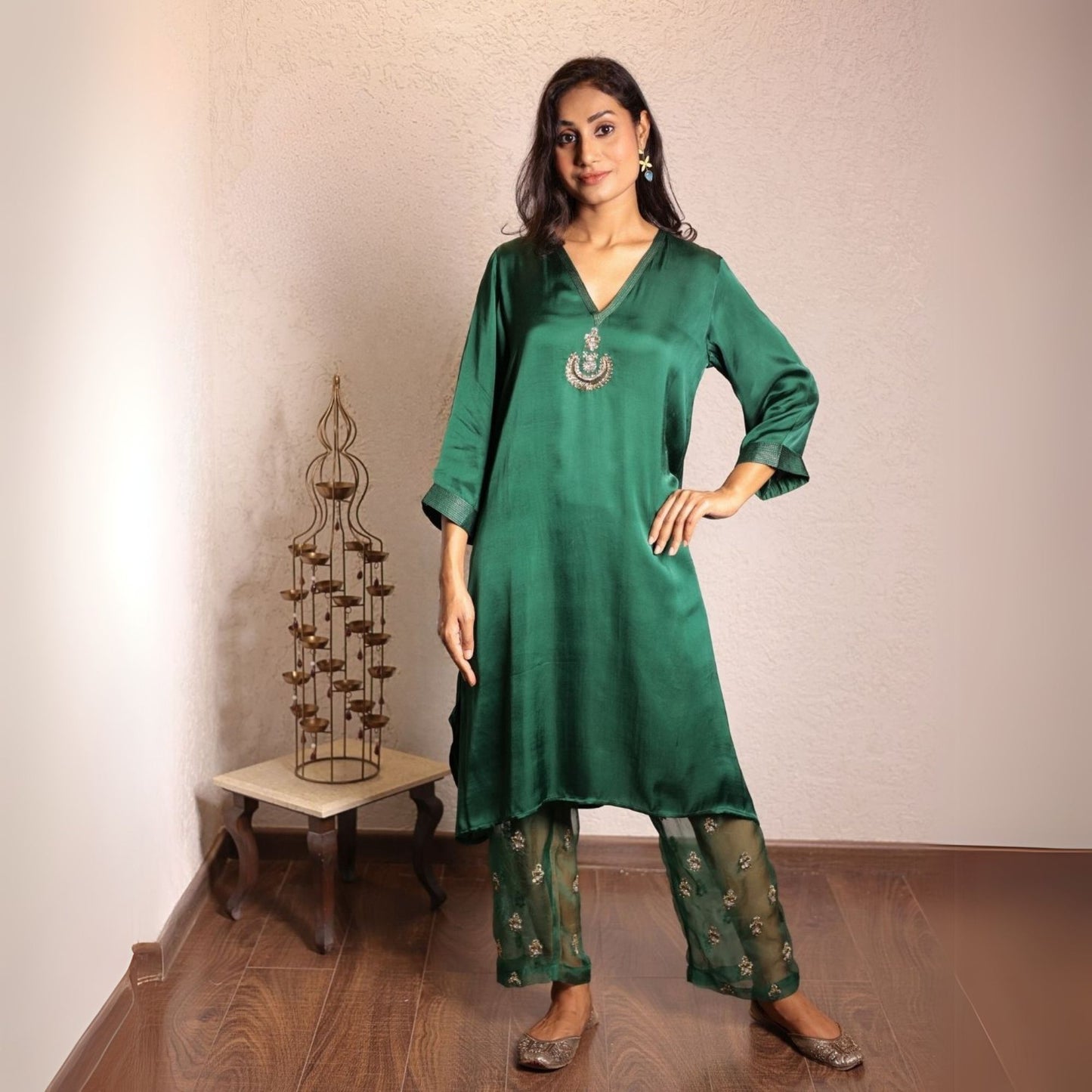 Dark Green Sheer buta modal co-ord set