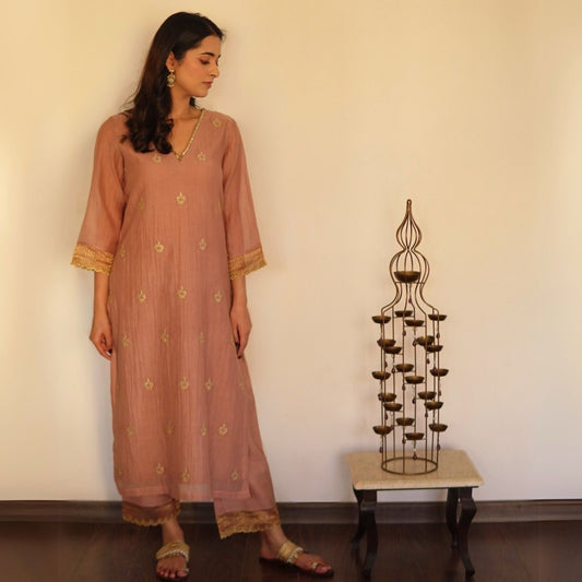 Mocha Chanderi embroidered Kurta Set