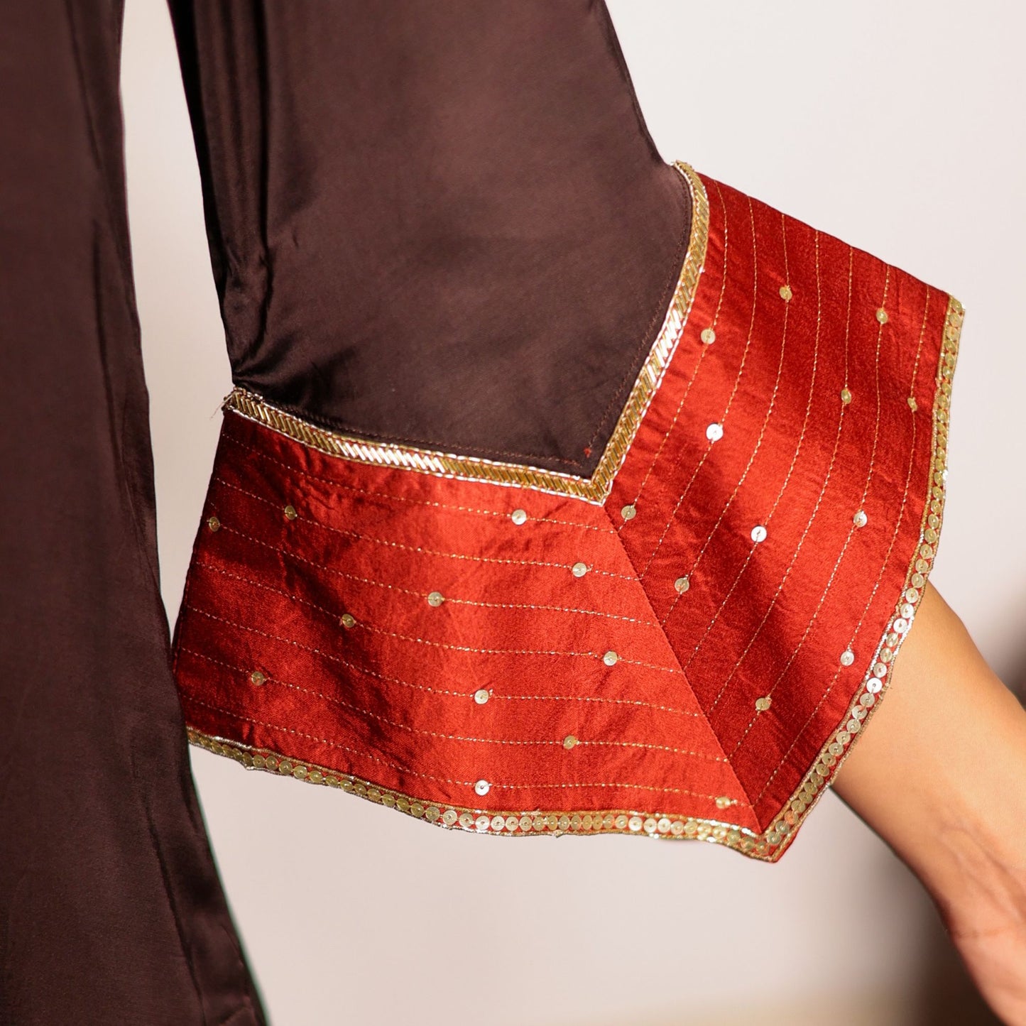 Brown hand embroidered kurta with zari detailing