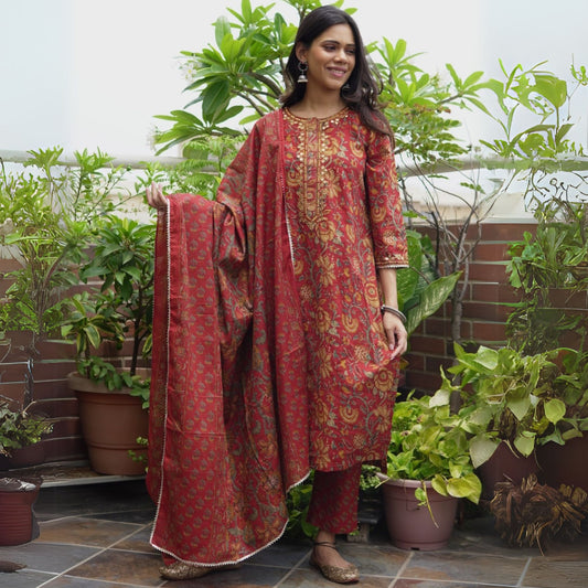 Red Floral Mirrorwork Cotton Kurta Set with Dupatta