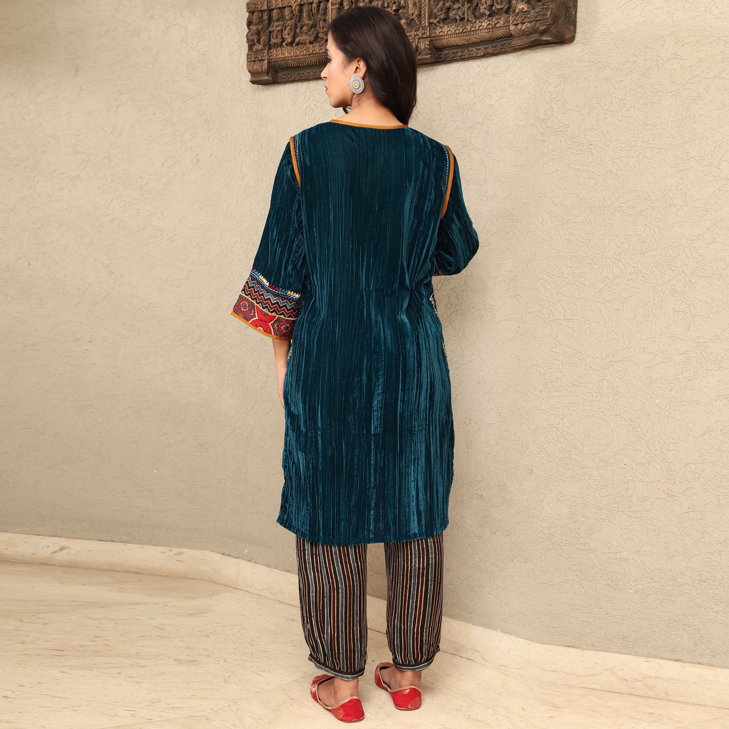 Teal Crushed Velvet Embroidered Kurta Set with Stripe Modal Silk Harem Pants