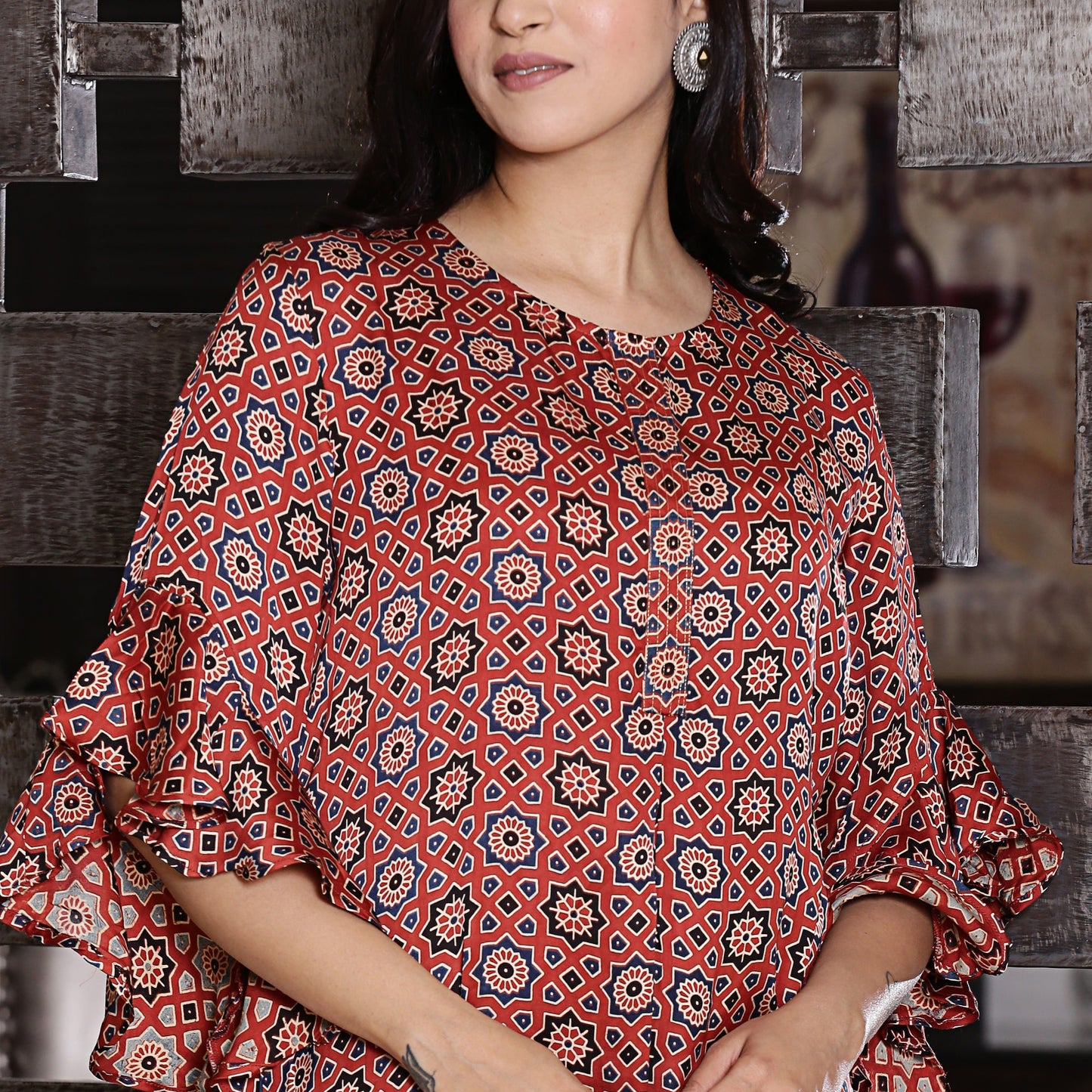 Maroon modal silk dress with frilled sleeves