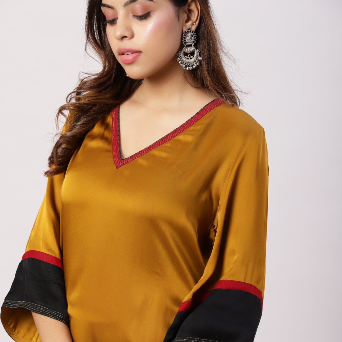 Modal silk color block kurta with brocade pockets