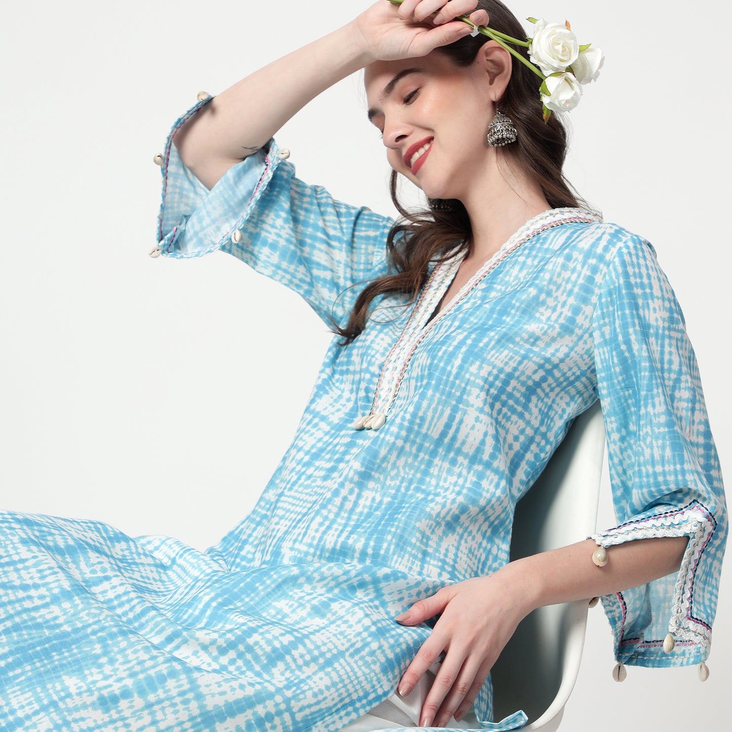 Blue Printed lace detailing kurta