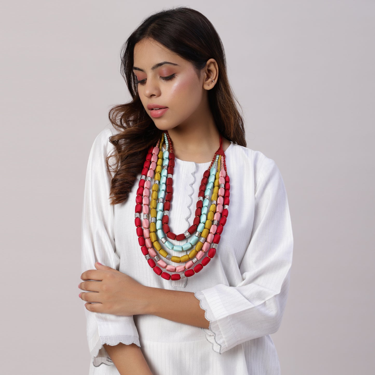 Chanderi kurta with gold zari lines and scallop edges