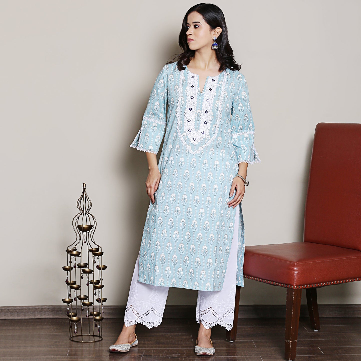 Blue printed kurta with embroidery